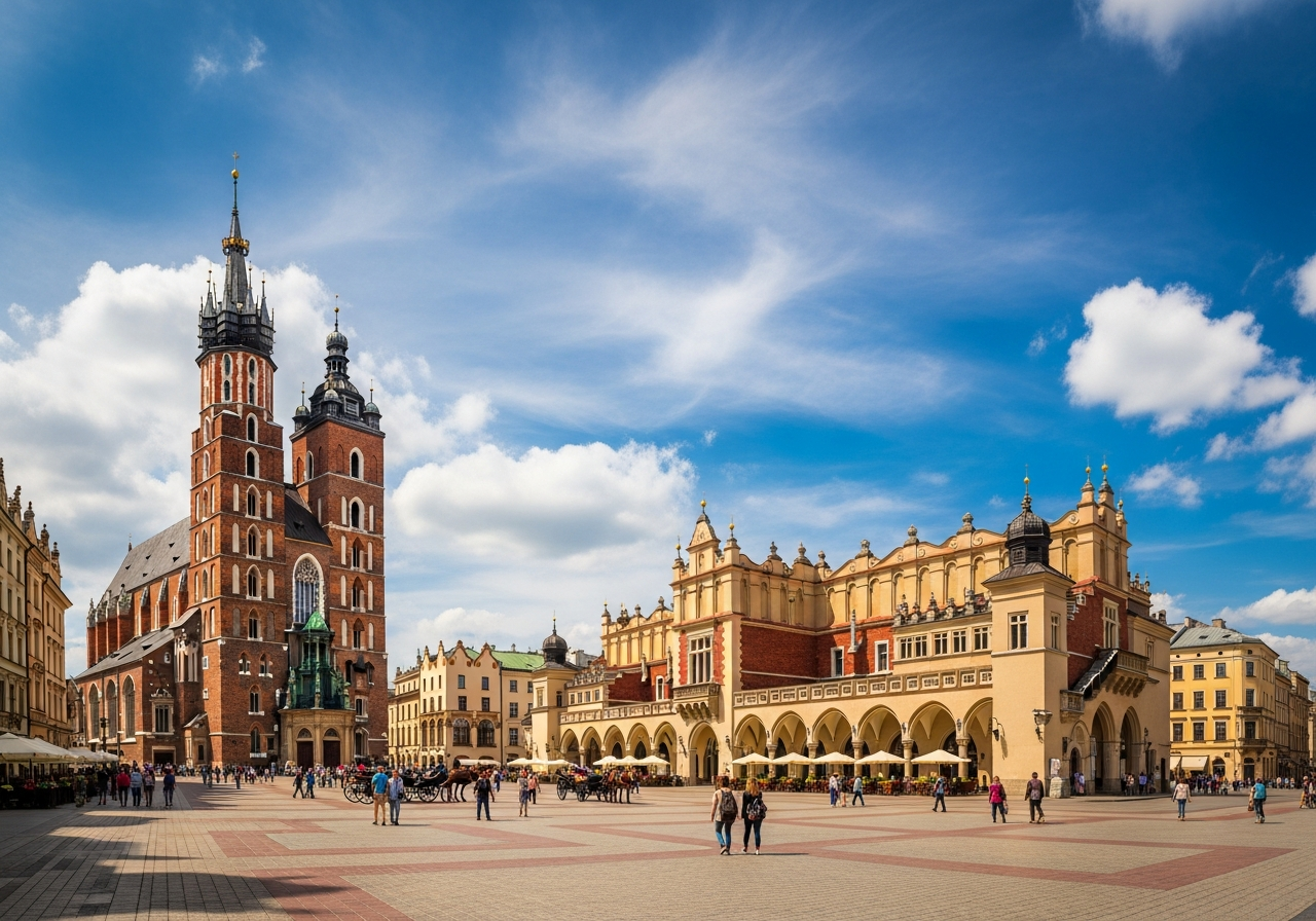 Главная рыночная площадь (Rynek Główny) — крупнейшая средневековая площадь Европы